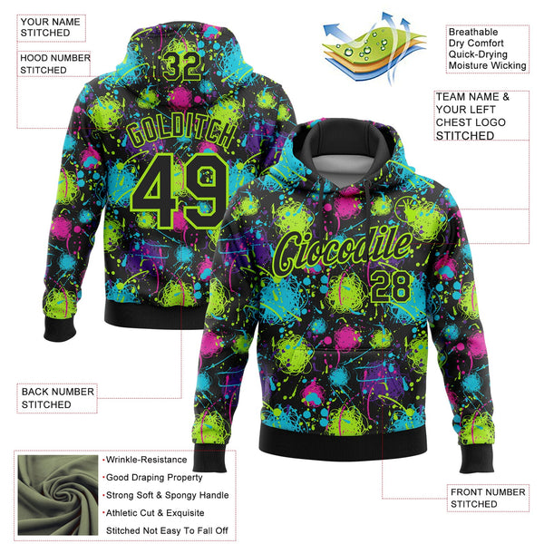 Custom Stitched Graffiti Pattern Black-Neon Green 3D Splash Grunge Art Sports Pullover Sweatshirt Hoodie alternate