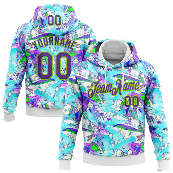 Custom Stitched Graffiti Pattern Purple-Neon Green 3D Watercolor Grunge Art Sports Pullover Sweatshirt Hoodie
