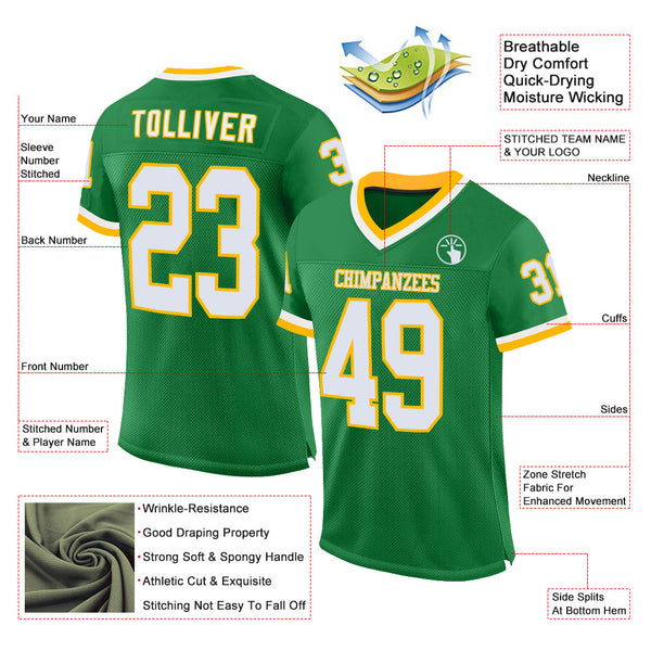 Custom Grass Green White-Gold Mesh Authentic Throwback Football Jersey alternate