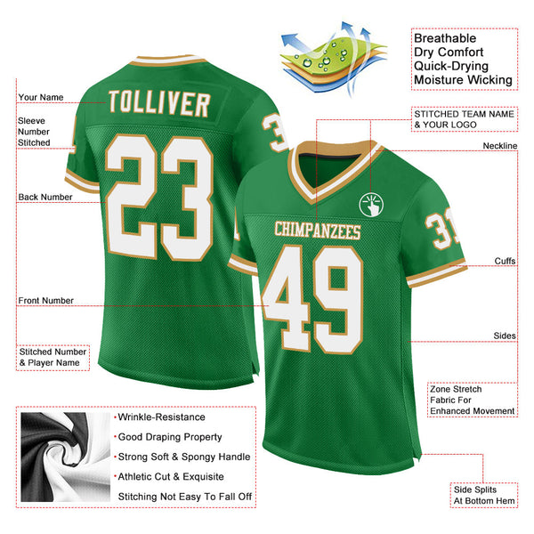 Custom Grass Green White-Old Gold Mesh Authentic Throwback Football Jersey alternate