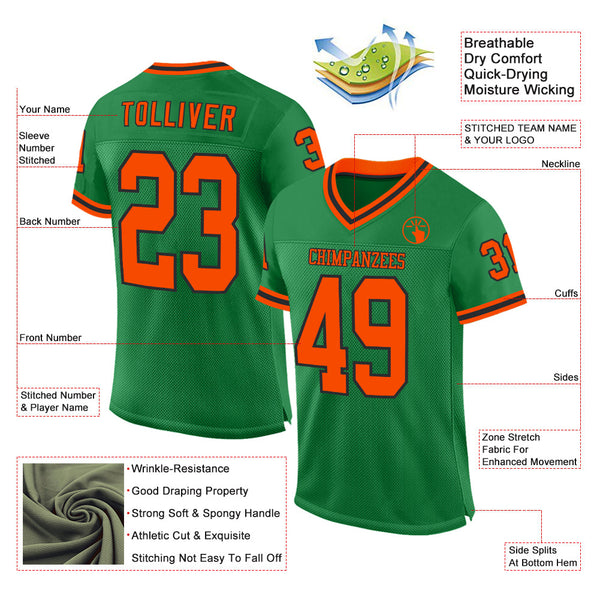 Custom Grass Green Orange-Black Mesh Authentic Throwback Football Jersey alternate