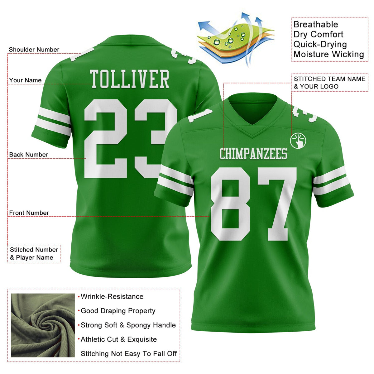 Custom Grass Green White Authentic Football Jersey - Front