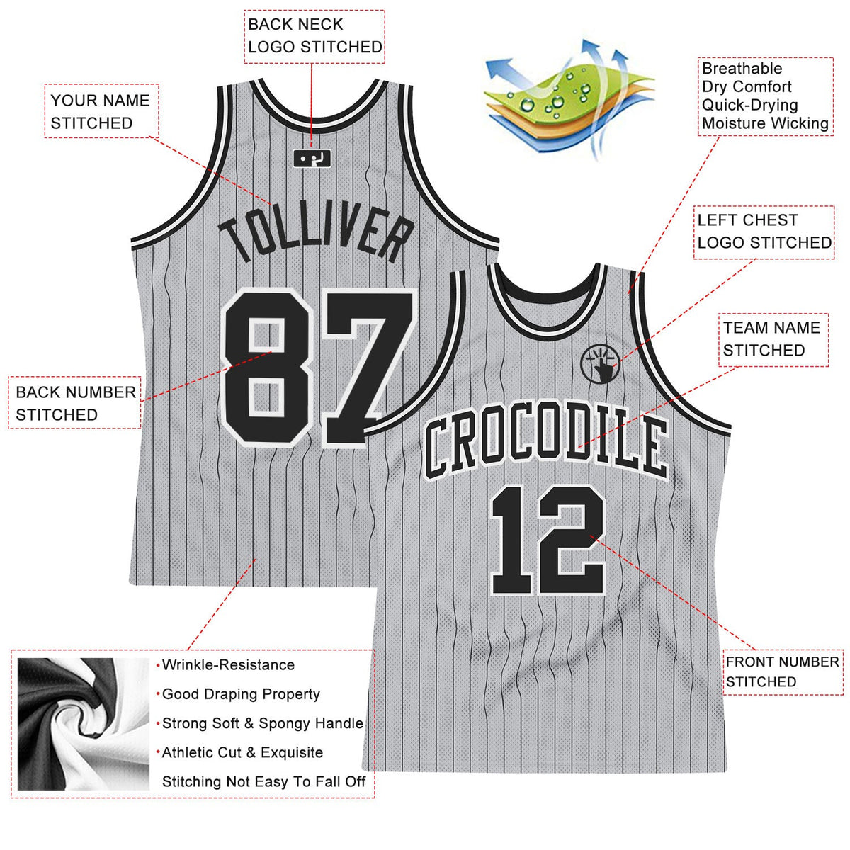 Custom Gray Black Pinstripe Black-White Authentic Basketball Jersey - Back