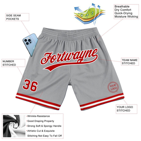 Custom Gray Red-White Authentic Throwback Basketball Shorts alternate