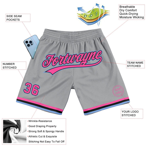 Custom Gray Pink Black-Light Blue Authentic Throwback Basketball Shorts alternate