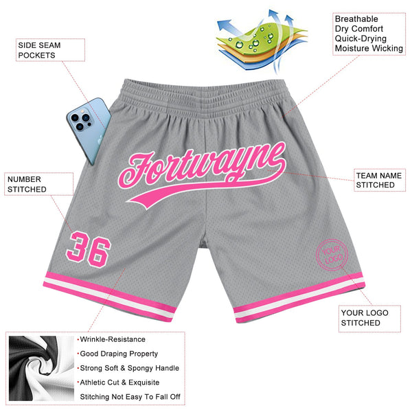 Custom Gray Pink-White Authentic Throwback Basketball Shorts alternate