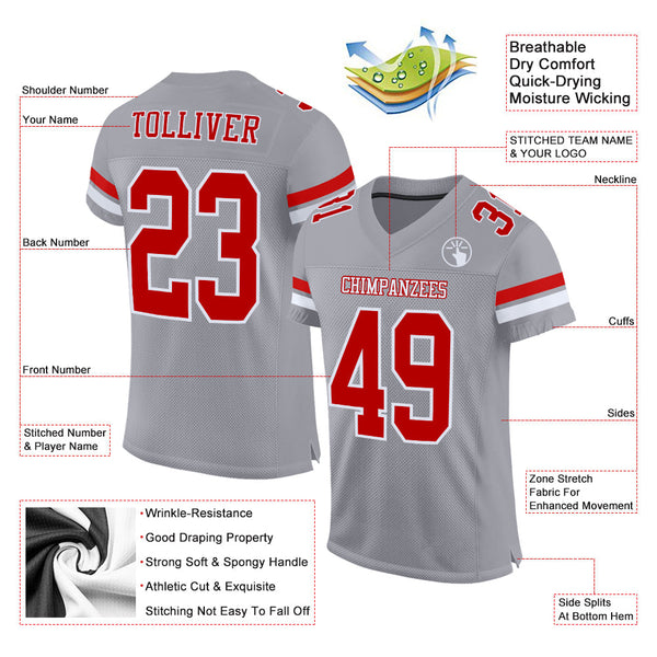 Custom Gray Red-White Mesh Authentic Football Jersey alternate