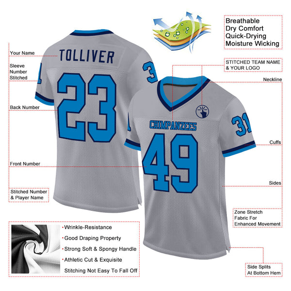 Custom Gray Blue-Navy Mesh Authentic Throwback Football Jersey alternate
