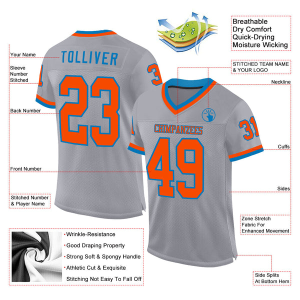 Custom Gray Orange-Blue Mesh Authentic Throwback Football Jersey alternate