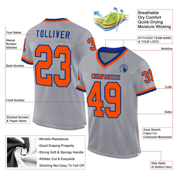 Custom Gray Orange-Royal Mesh Authentic Throwback Football Jersey alternate