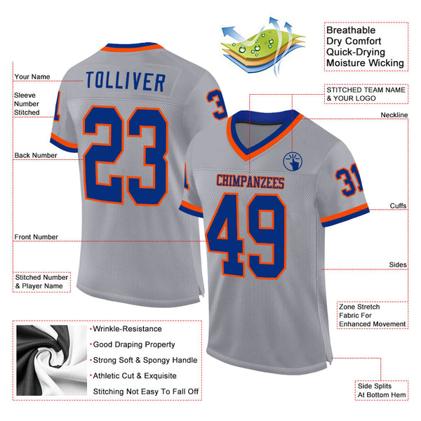 Custom Gray Royal-Orange Mesh Authentic Throwback Football Jersey alternate