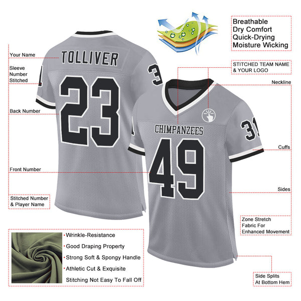 Custom Gray Black-White Mesh Authentic Throwback Football Jersey alternate