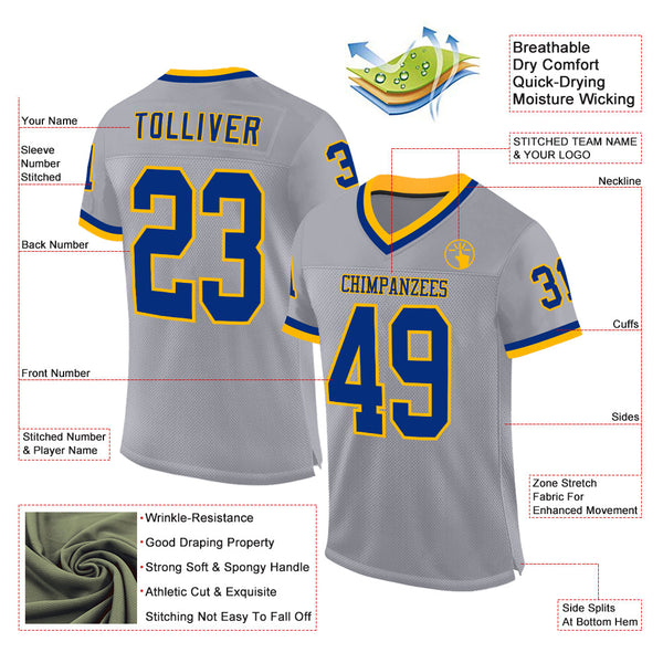 Custom Gray Royal-Gold Mesh Authentic Throwback Football Jersey alternate