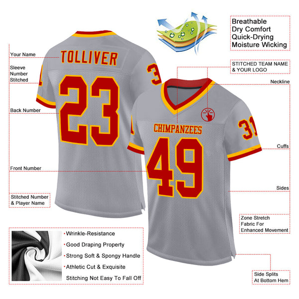 Custom Gray Red-Gold Mesh Authentic Throwback Football Jersey alternate