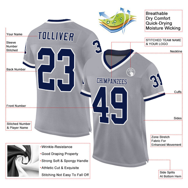 Custom Gray Navy-White Mesh Authentic Throwback Football Jersey alternate