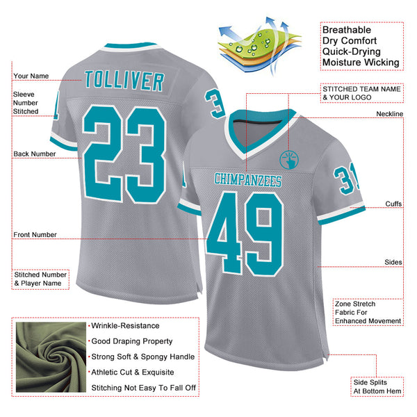 Custom Gray Teal-White Mesh Authentic Throwback Football Jersey alternate