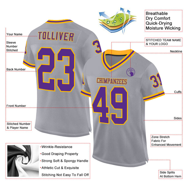 Custom Gray Purple-Gold Mesh Authentic Throwback Football Jersey alternate