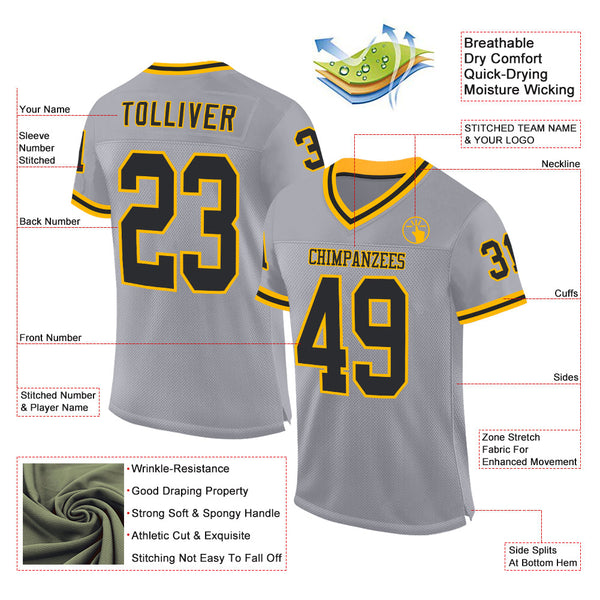Custom Gray Black-Gold Mesh Authentic Throwback Football Jersey alternate
