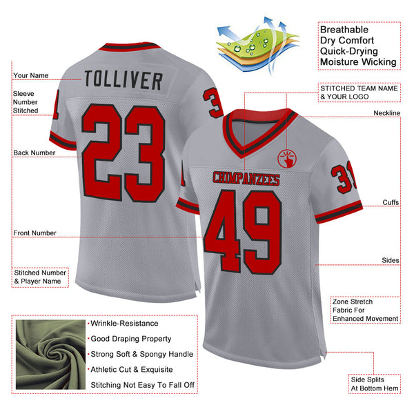 Custom Gray Red-Black Mesh Authentic Throwback Football Jersey alternate