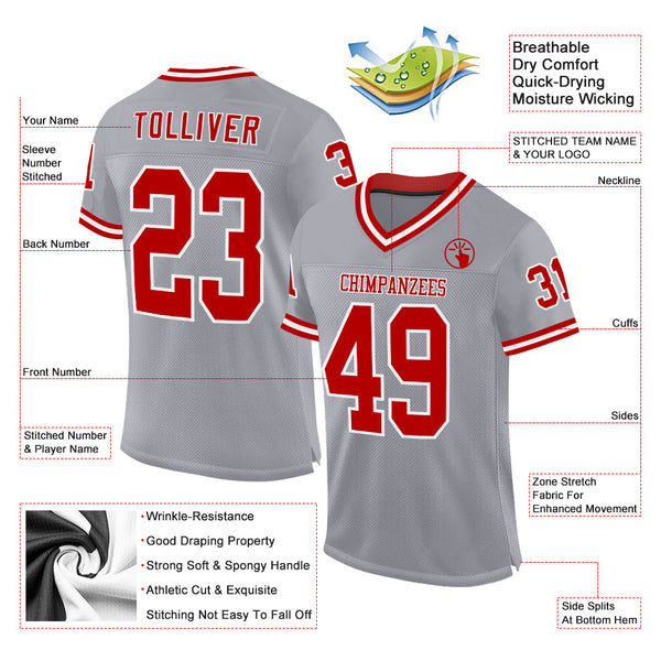 Custom Gray Red-White Mesh Authentic Throwback Football Jersey alternate
