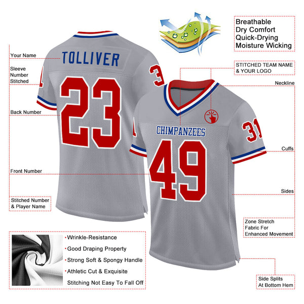 Custom Gray Red-Royal Mesh Authentic Throwback Football Jersey alternate