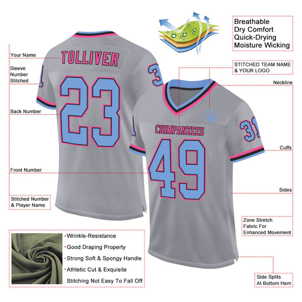 Custom Gray Light Blue Black-Pink Mesh Authentic Throwback Football Jersey alternate