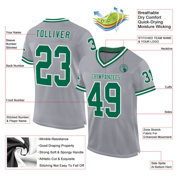Custom Gray Kelly Green-White Mesh Authentic Throwback Football Jersey alternate