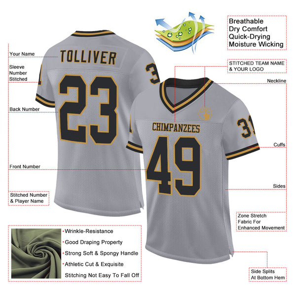 Custom Gray Black-Old Gold Mesh Authentic Throwback Football Jersey alternate