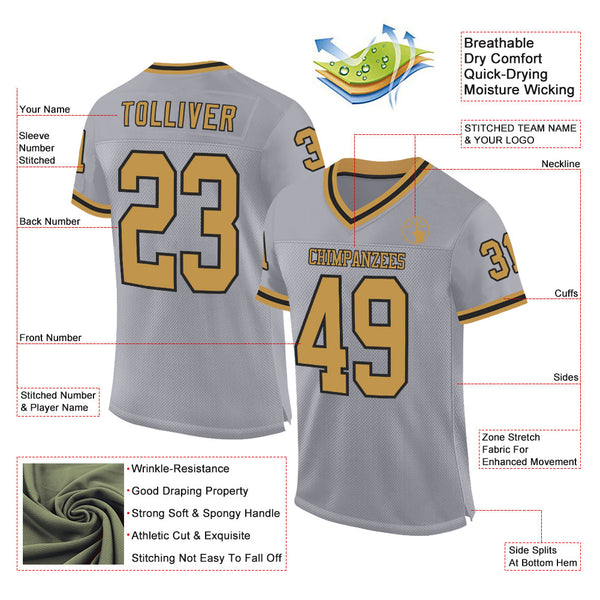 Custom Gray Old Gold-Black Mesh Authentic Throwback Football Jersey alternate