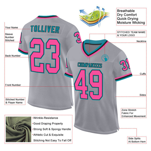 Custom Gray Pink Black-Teal Mesh Authentic Throwback Football Jersey alternate