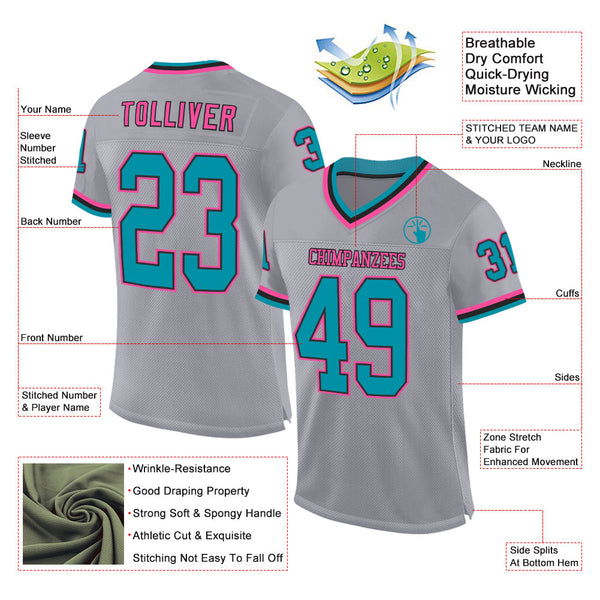 Custom Gray Teal Black-Pink Mesh Authentic Throwback Football Jersey alternate