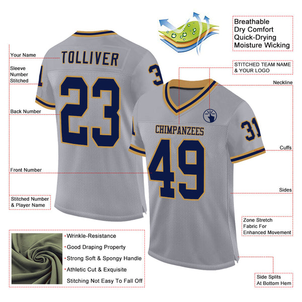 Custom Gray Navy-Old Gold Mesh Authentic Throwback Football Jersey alternate