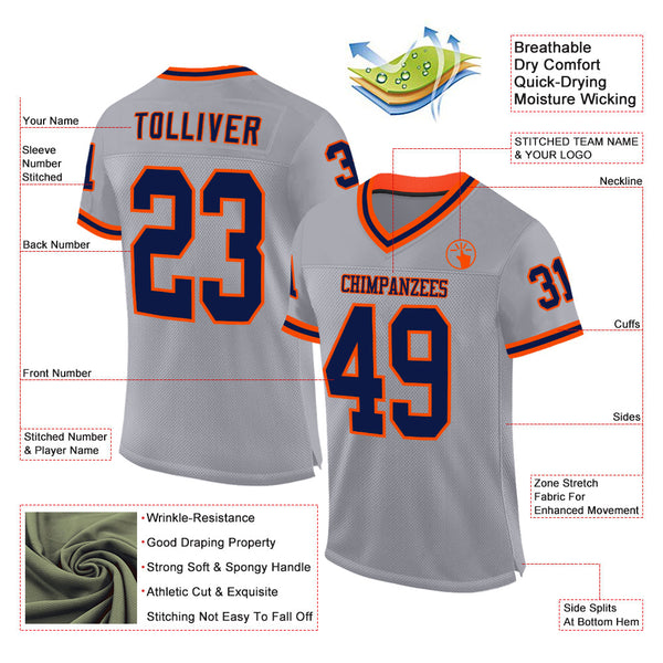 Custom Gray Navy-Orange Mesh Authentic Throwback Football Jersey alternate