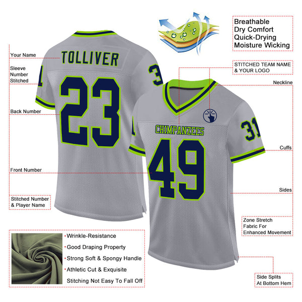 Custom Gray Navy-Neon Green Mesh Authentic Throwback Football Jersey alternate