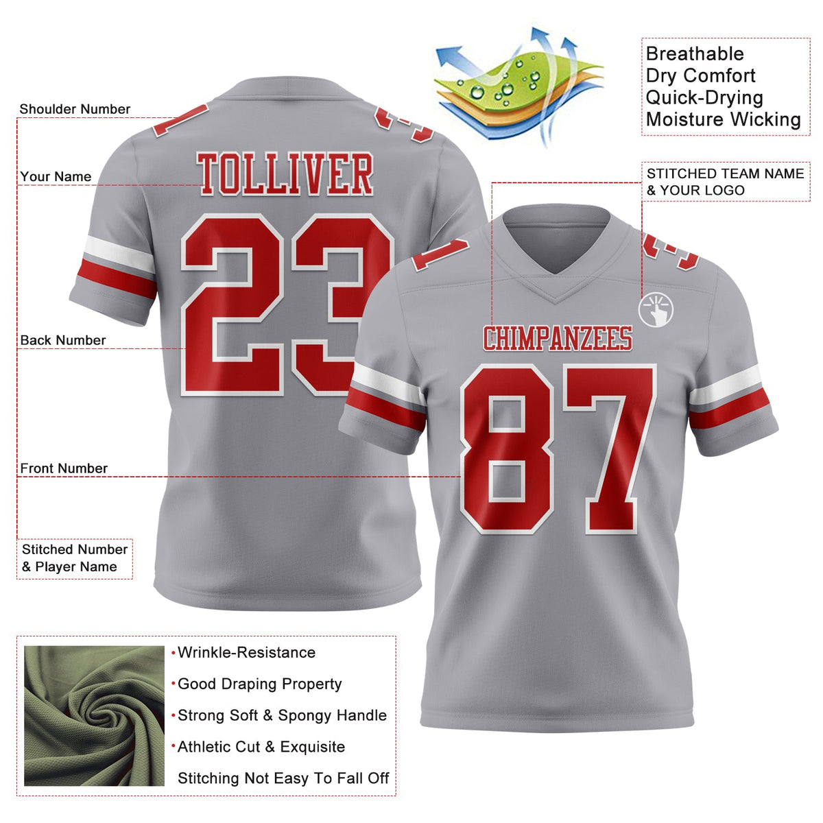 Custom Gray Red-White Authentic Football Jersey - Front