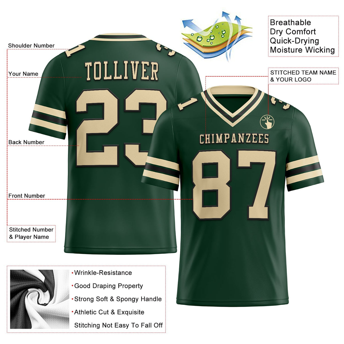Custom Green City Cream-Black Authentic Football Jersey - Back