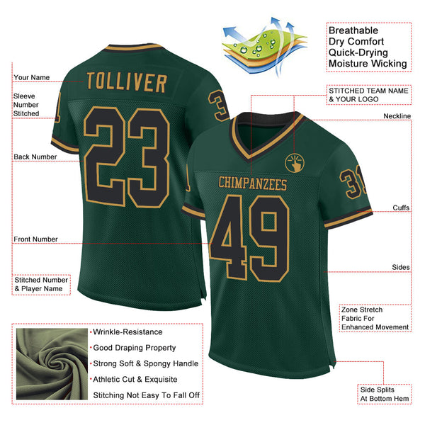 Custom Green Black-Old Gold Mesh Authentic Throwback Football Jersey alternate