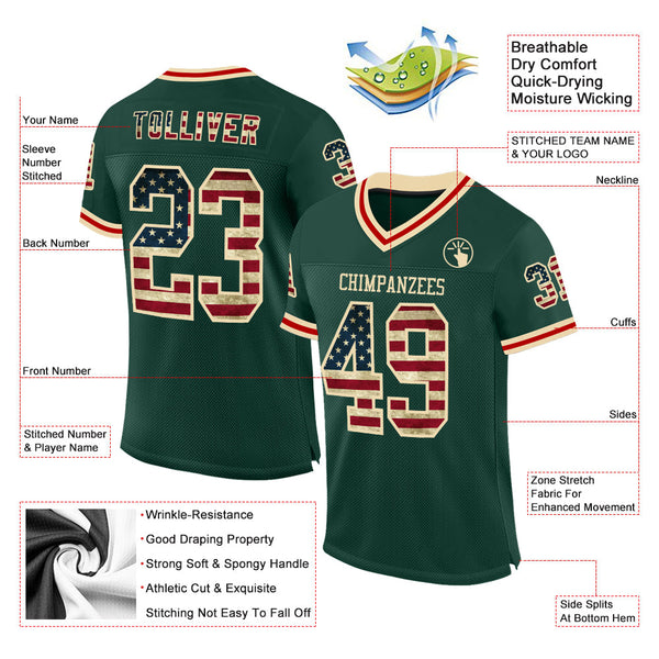 Custom Green Vintage USA Flag Cream-Red Mesh Authentic Throwback Football Jersey alternate