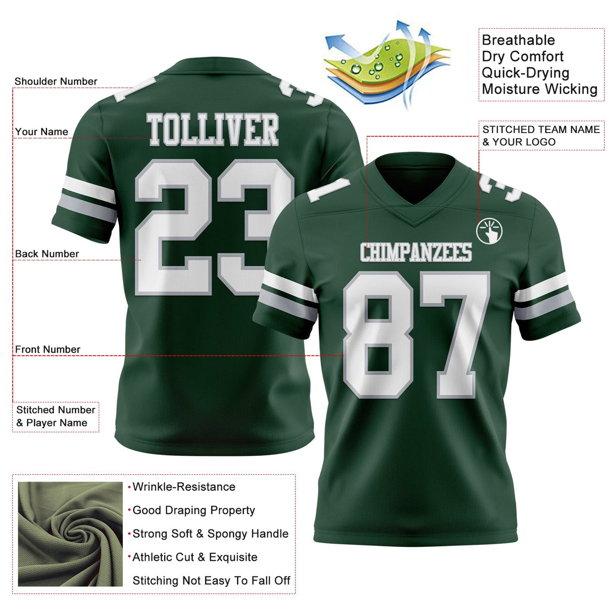 Custom Green White-Gray Authentic Football Jersey - Front