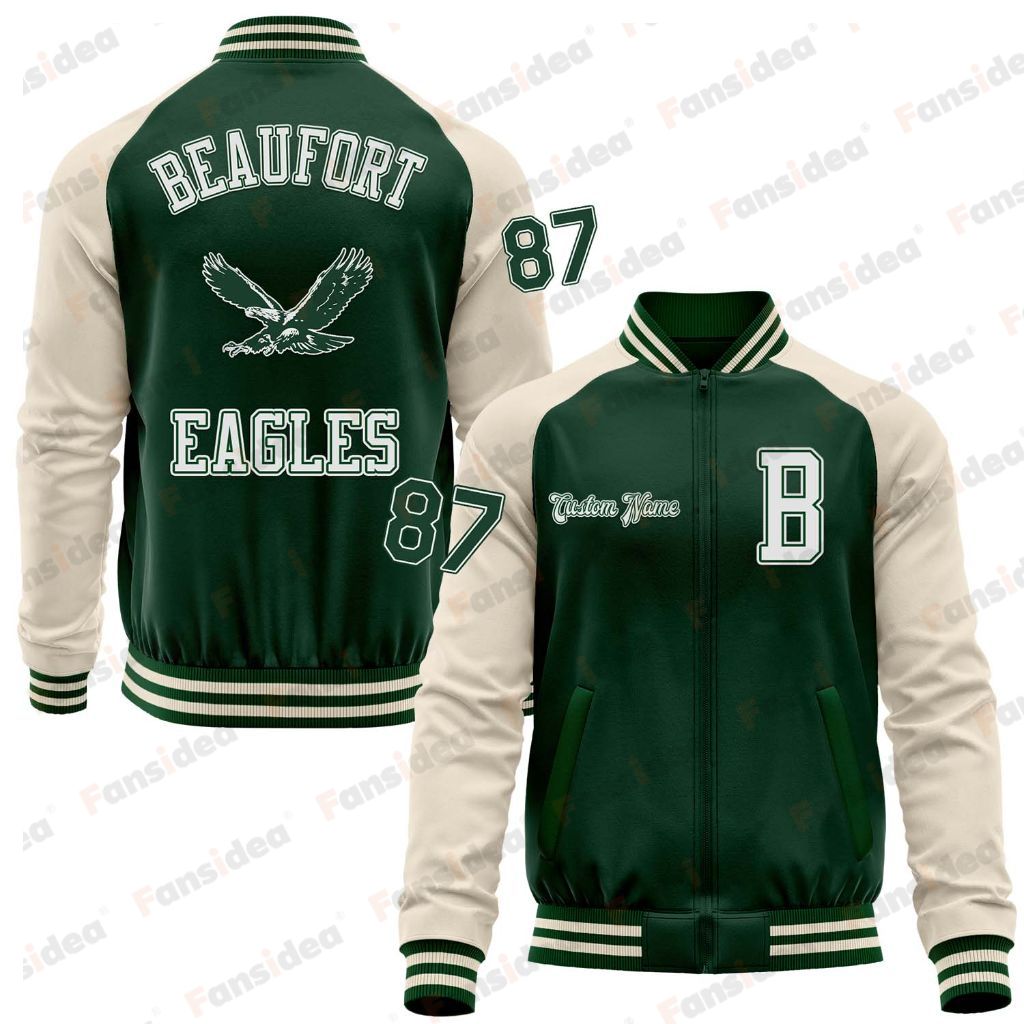 Custom Cream Green Bomber Varsity Letterman Two Tone BEAUFORT EAGLES Right Chest Name Zipper Jacket (Copy)