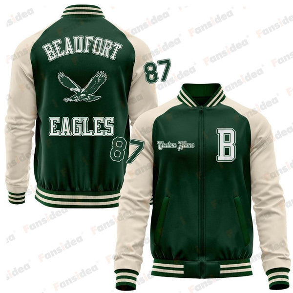 Custom Cream Green Bomber Varsity Letterman Two Tone BEAUFORT EAGLES Right Chest Name Zipper Jacket (Copy)