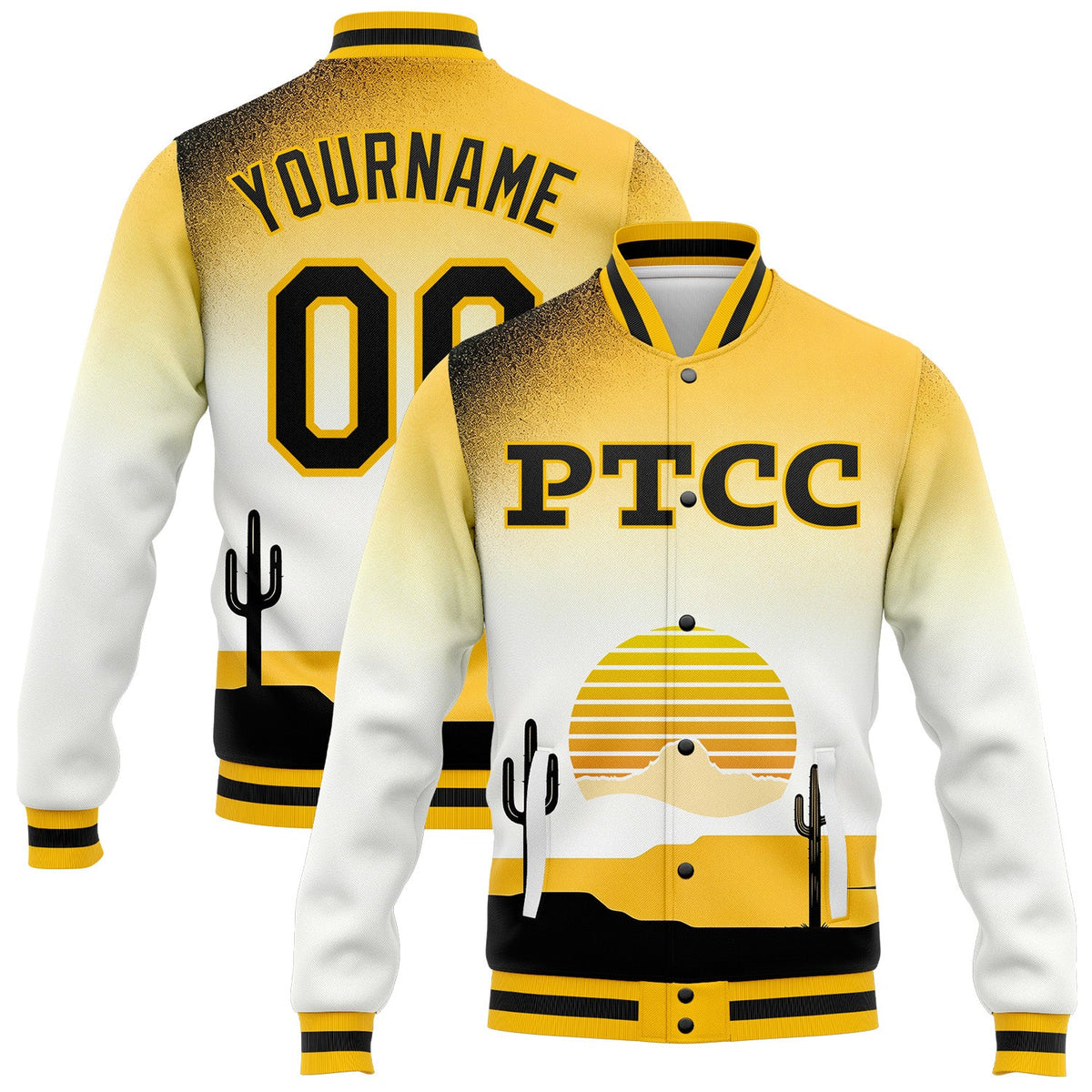 Custom White Black-Gold PTCC Bomber Full-Snap Varsity Letterman Jacket