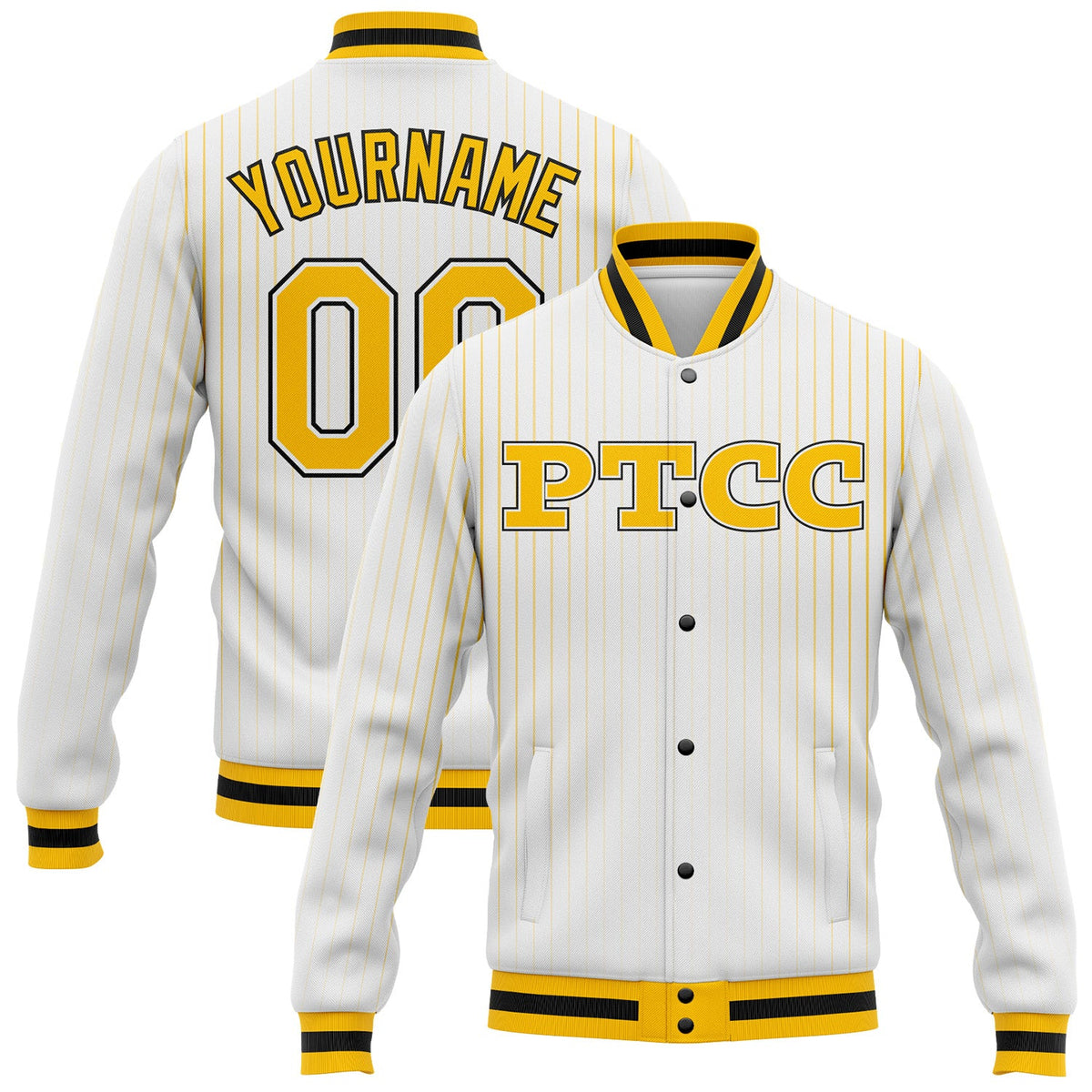 Custom White Pinstripe Gold-Black PTCC Bomber Full-Snap Varsity Letterman Jacket