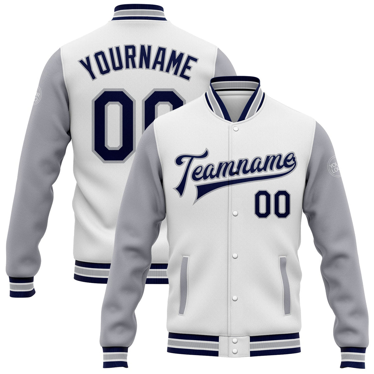 Custom White Navy-Gray Bomber Full-Snap Varsity Letterman Two Tone Jacket
