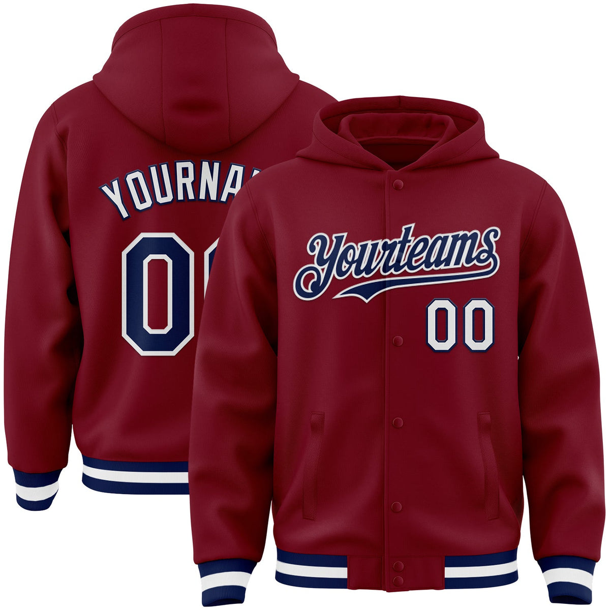 Custom Crimson Navy-White Bomber Full-Snap Varsity Letterman Hoodie Jacket