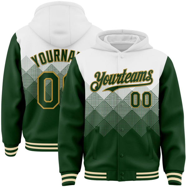 Custom White Green-Old Gold Gradient Square Shape 3D Pattern Design Bomber Full-Snap Varsity Letterman Hoodie Jacket