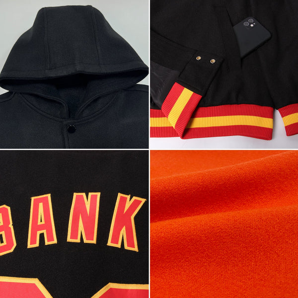 Custom Orange Teal-Black Bomber Full-Snap Varsity Letterman Hoodie Jacket alternate