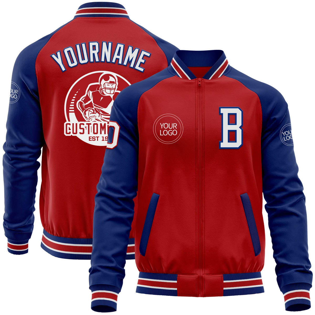 Custom Red White-Royal Bomber Varsity Letterman Two Tone Zipper Jacket