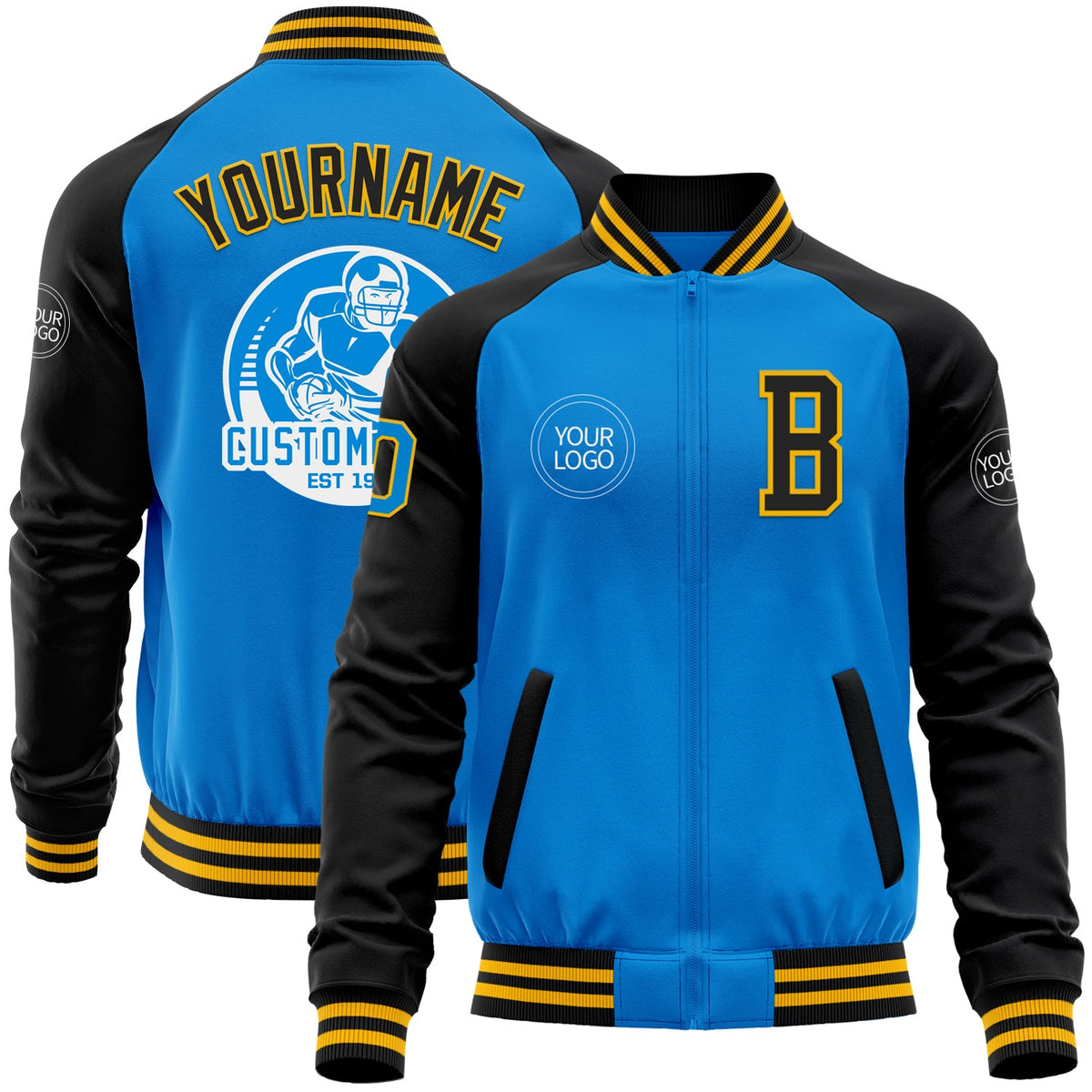 Custom Powder Blue Gold-Black Bomber Varsity Letterman Two Tone Zipper Jacket