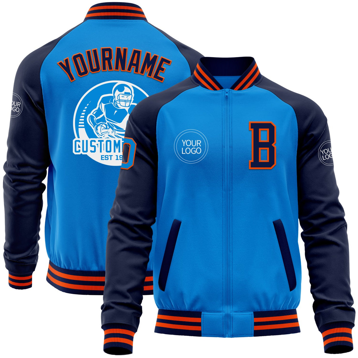 Custom Powder Blue Orange-Navy Bomber Varsity Letterman Two Tone Zipper Jacket